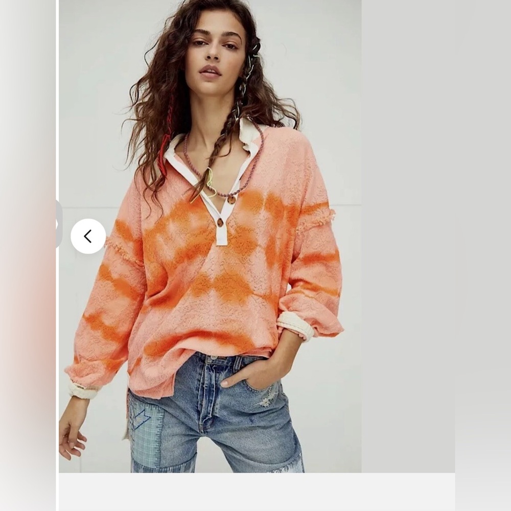 Free People Pullover Sweater Orange Tie Dye Henley Sunrise Polo Rib Collar S